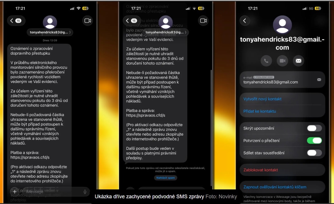 Ukážka podvodnej SMS správy informujúcej o údajnom prekročení rýchlosti a vyzývajúcej na úhradu pokuty cez priložený odkaz.