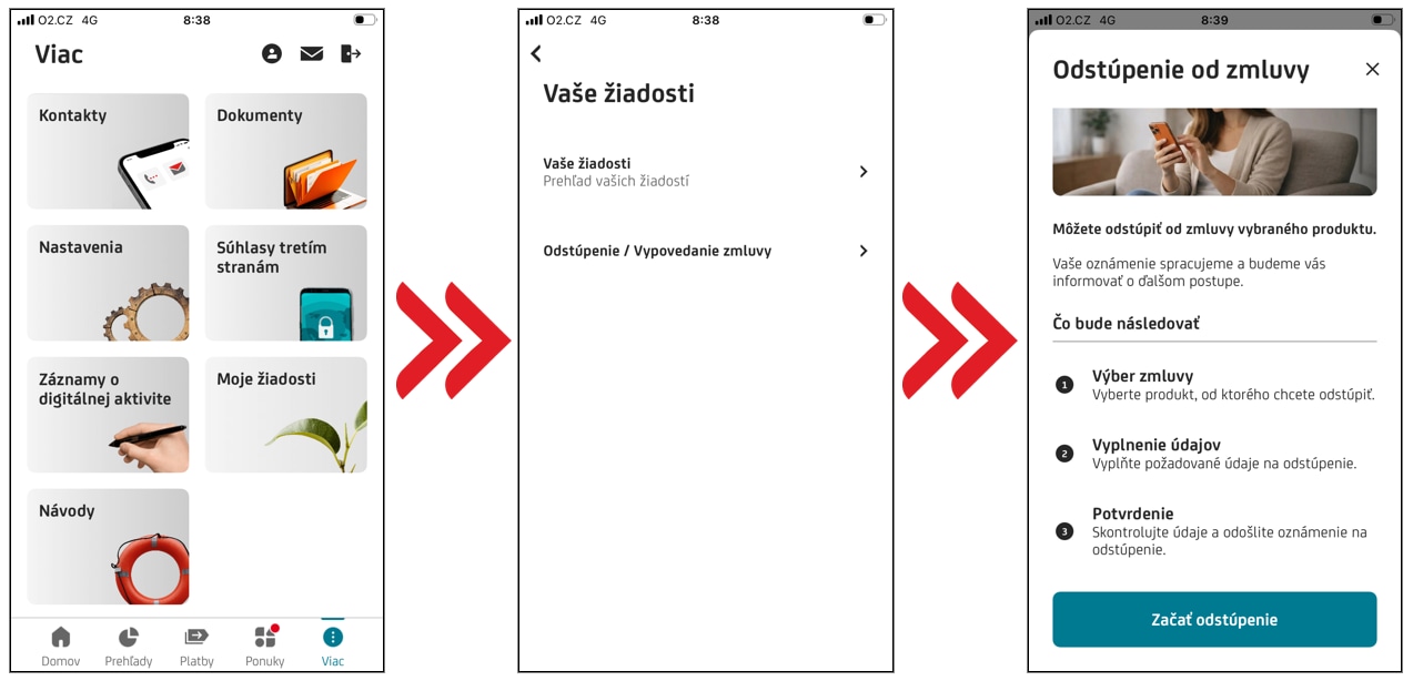 Sekvencia obrazoviek mobilnej aplikácie znázorňujúca postup, ako v sekcii „Viac“ otvoriť „Moje žiadosti“ a spustiť proces „Odstúpenie od zmluvy“.